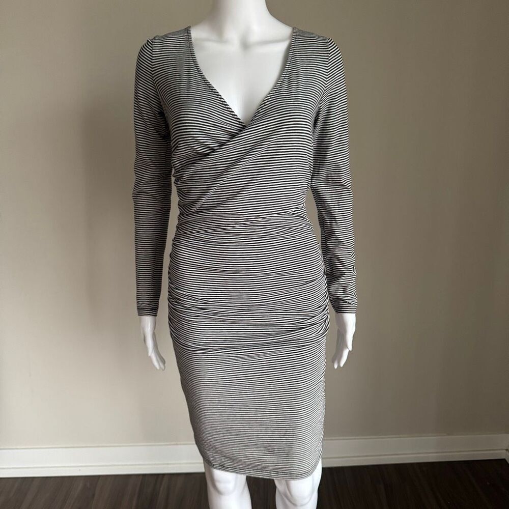 Leith Black And White Striped Bodycon Cotton Dress With Side Ruching Size S